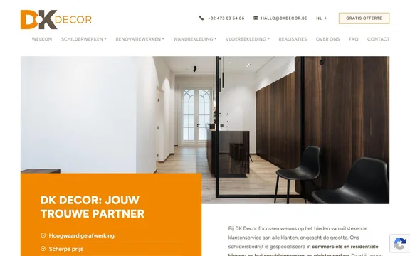 Homepage van de website van DK Decor