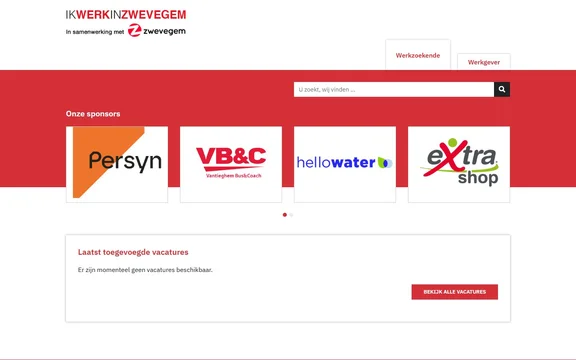 Homepage van de website van Ik werk in Zwevegem